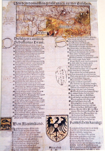 Vue globale d’un tract de Sébastien Brant représentant la chute de la météorite d’Ensisheim (Haut-Rhin) le 7 novembre 1492 en fin de matinée