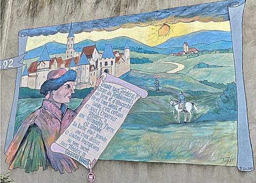 Fresque moderne peinte sur l’un des murs de la Maison centrale d’Ensisheim, représentant Sébastien Brant présentant l’un de ses tracts à Maximilien