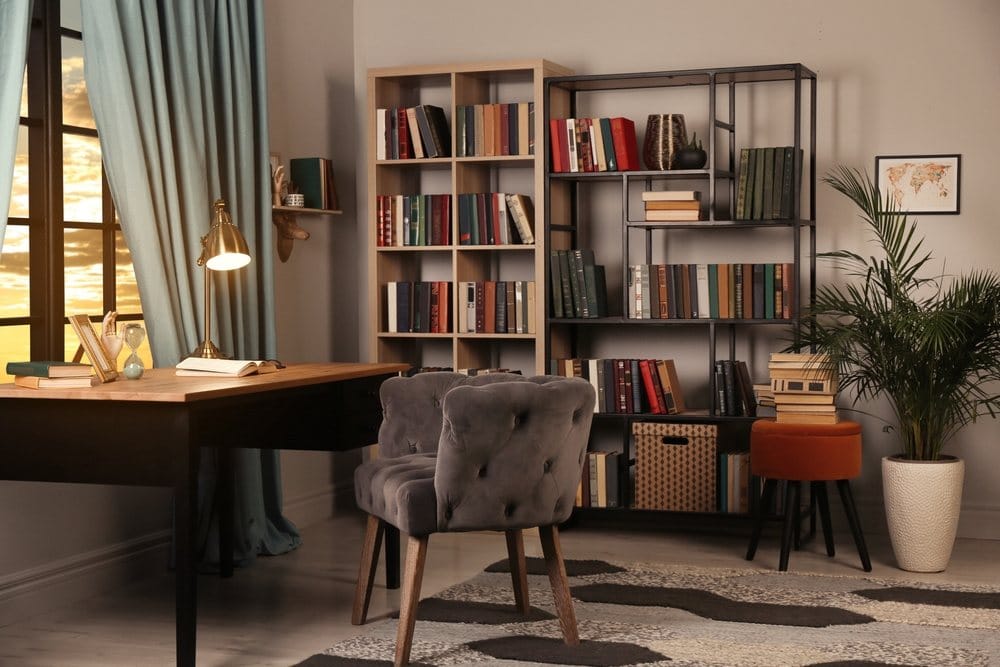 cozy reading room with book cases, desk and a chair