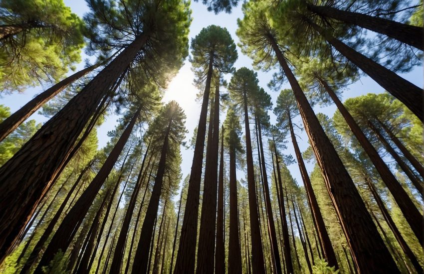 Tall pine trees stand proudly in the northern California forest, their long, slender trunks reaching towards the sky, while their branches are adorned with clusters of vibrant green needles