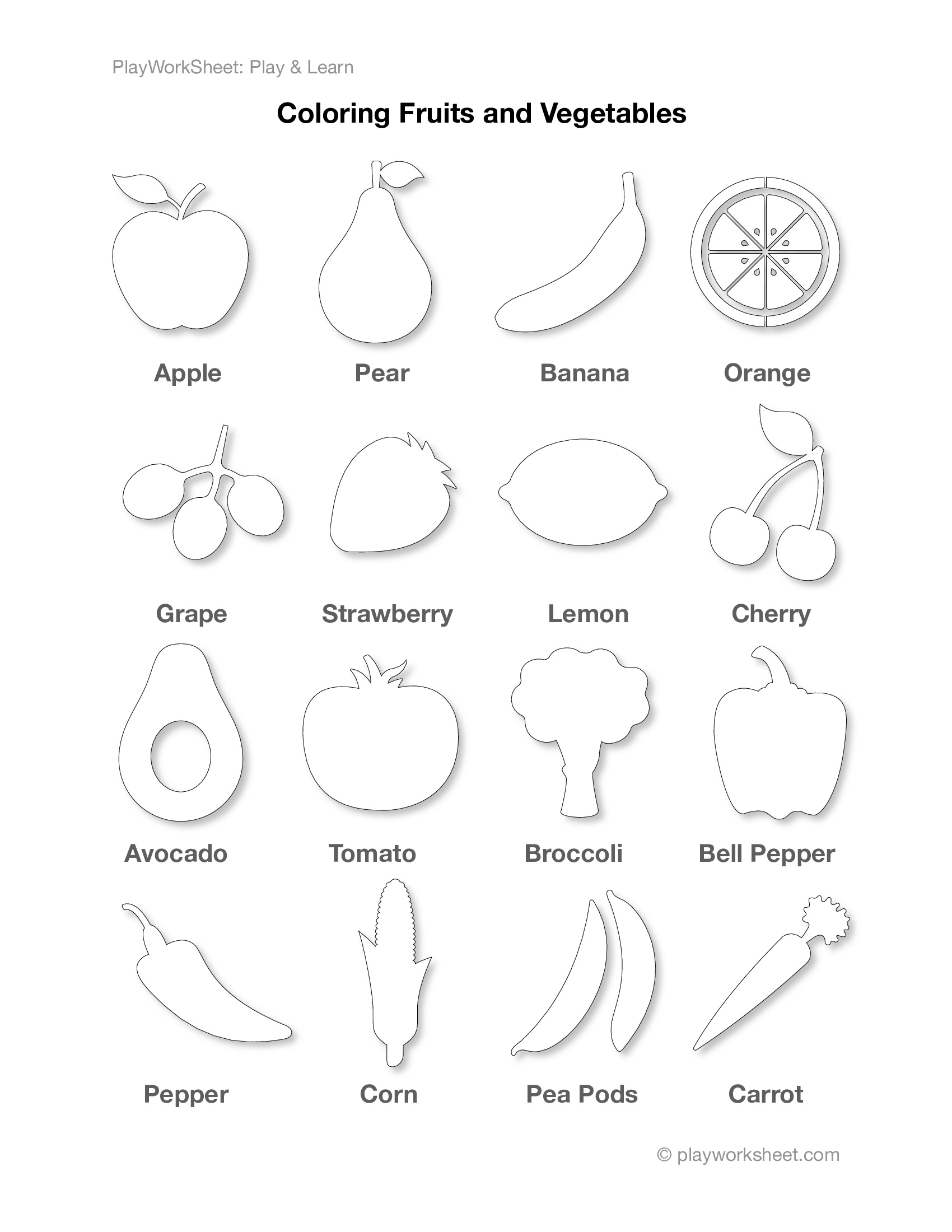 Outlines of fruits and vegetables for coloring | Free Printables for Kids