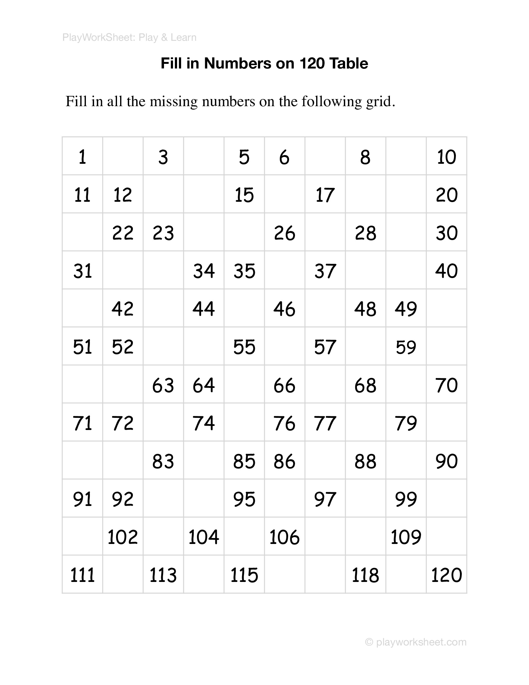 Fill Missing Numbers on 120 Table | Free Printables for Kids