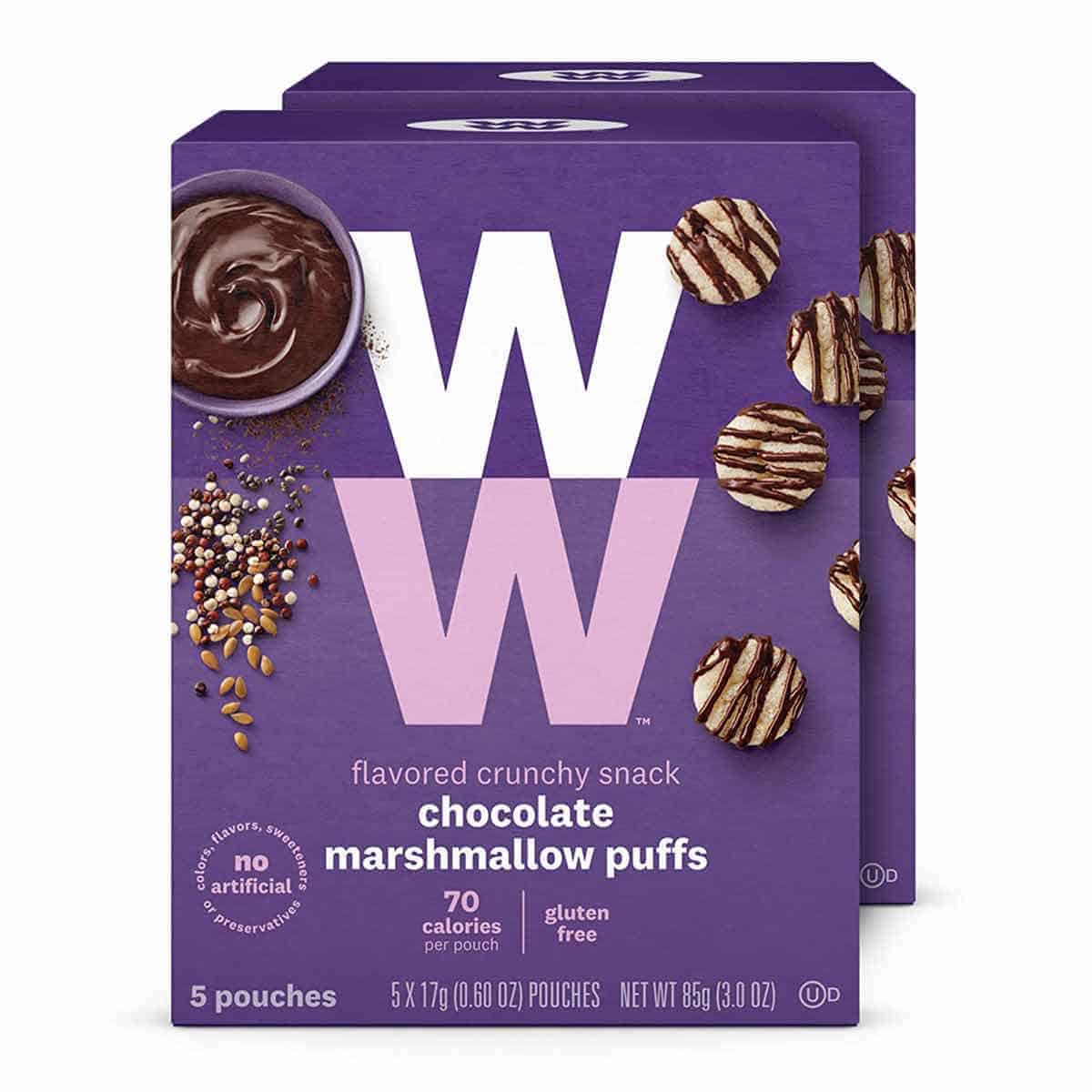 A box of WW Chocolate Marshmallow Puffs