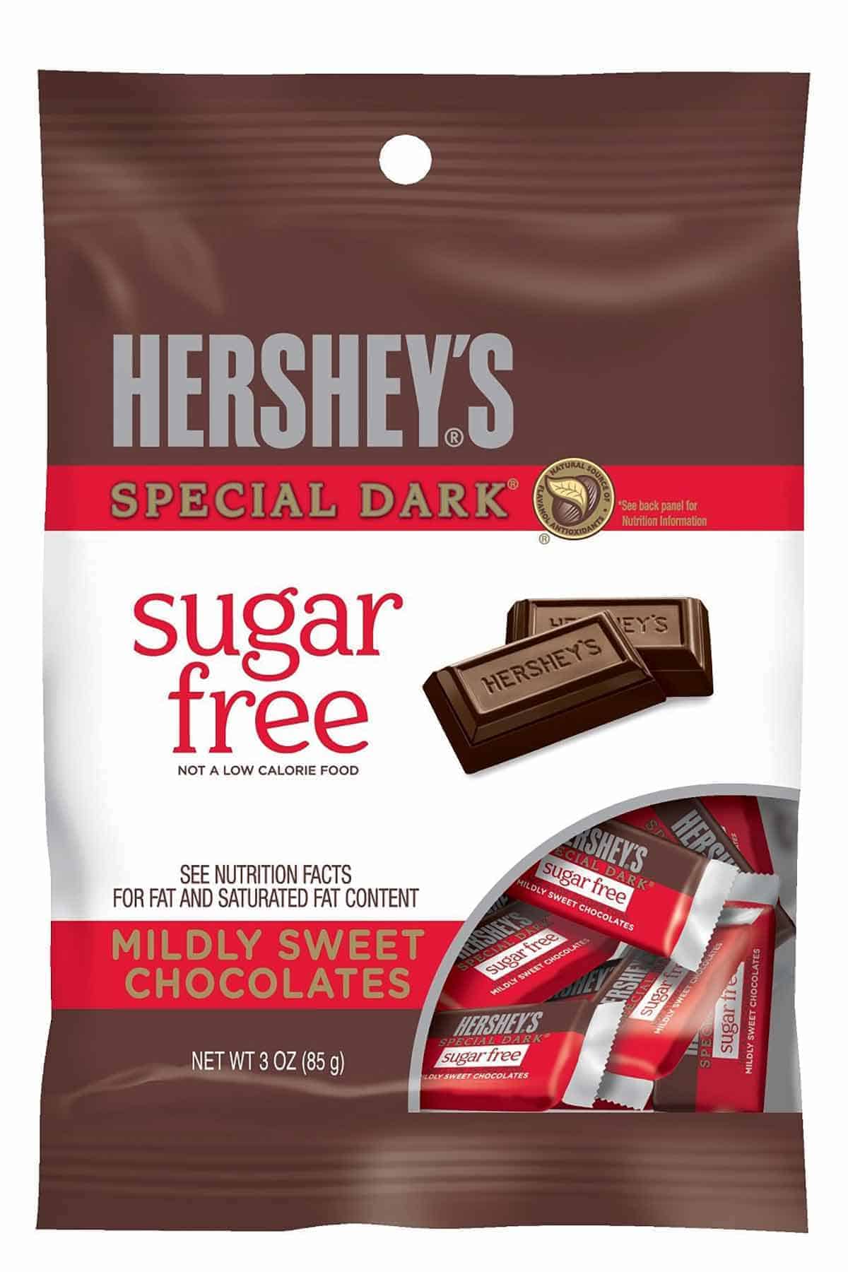 A bag of Hershey's Special Dark sugar free chocolates