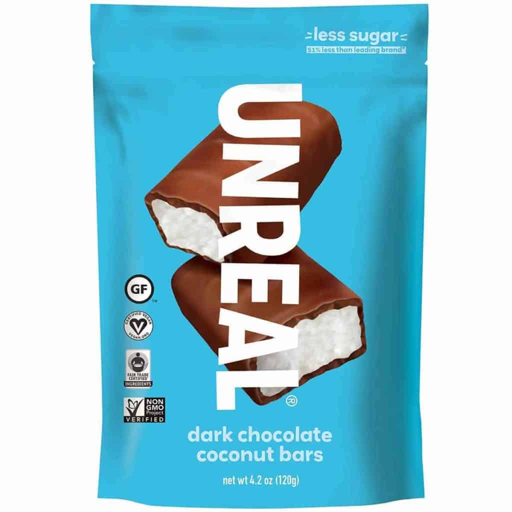 A bag of UNREAL dark chocolate Coconut bars