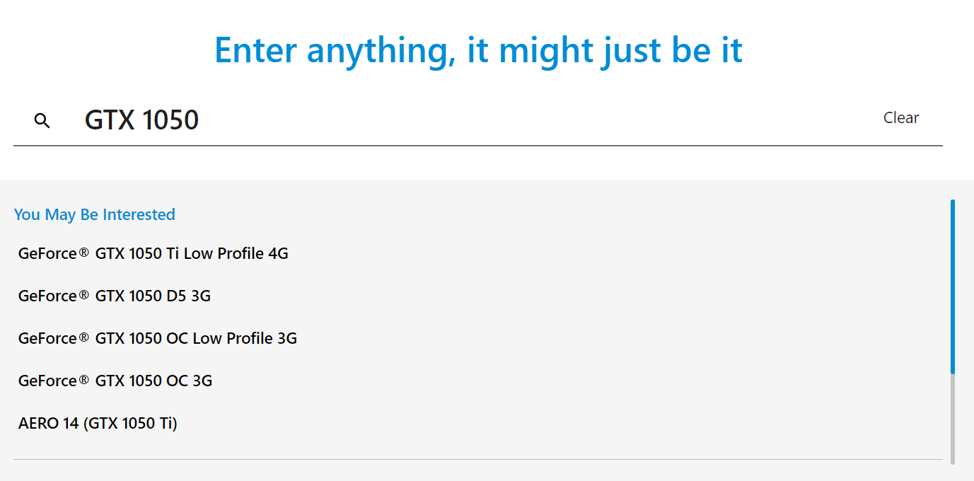 GTX 1050 is being typed on the search bar on the website