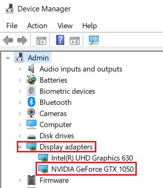 Nvidia Geforce GTX1050 display inside device manager