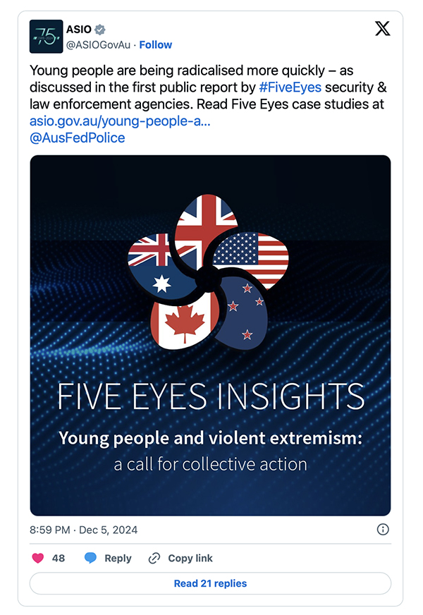 Picture of ASIO Tweet about the Five Eyes Insights report into online youth radicalisation