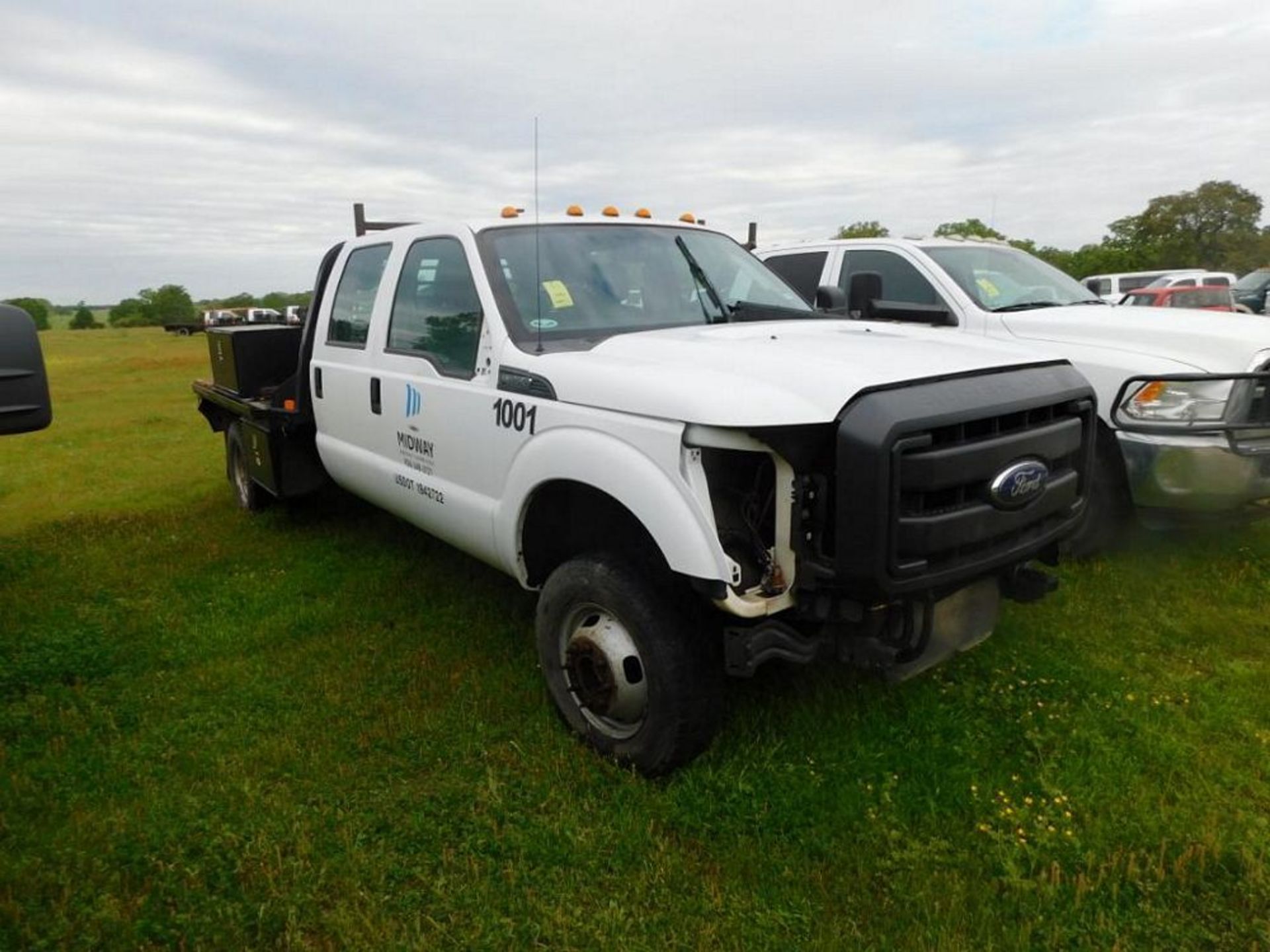 2015 Ford F-350 Super Duty 4x4 Crew Cab Flatbed Truck, 9 ft. Flatbed with Tool Boxes (needs engine &