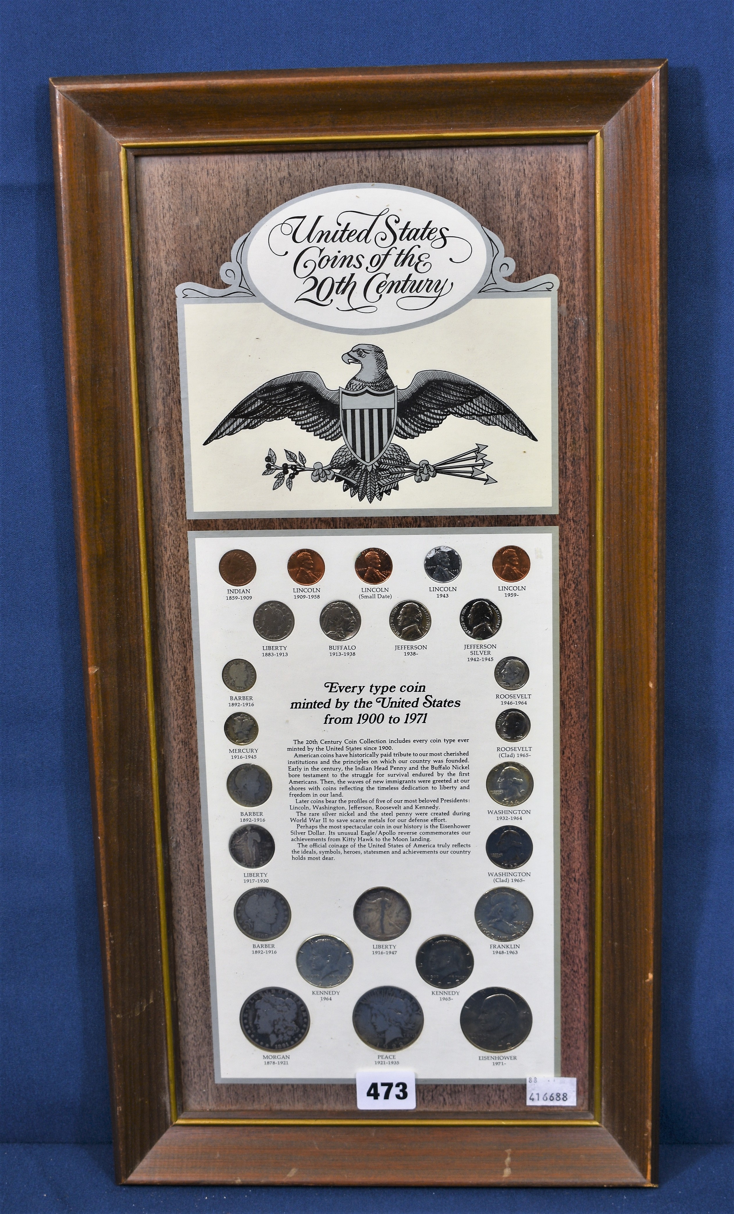 A framed United States Coins of the 20th Century collection. Every coin minted between 1900 & 1971