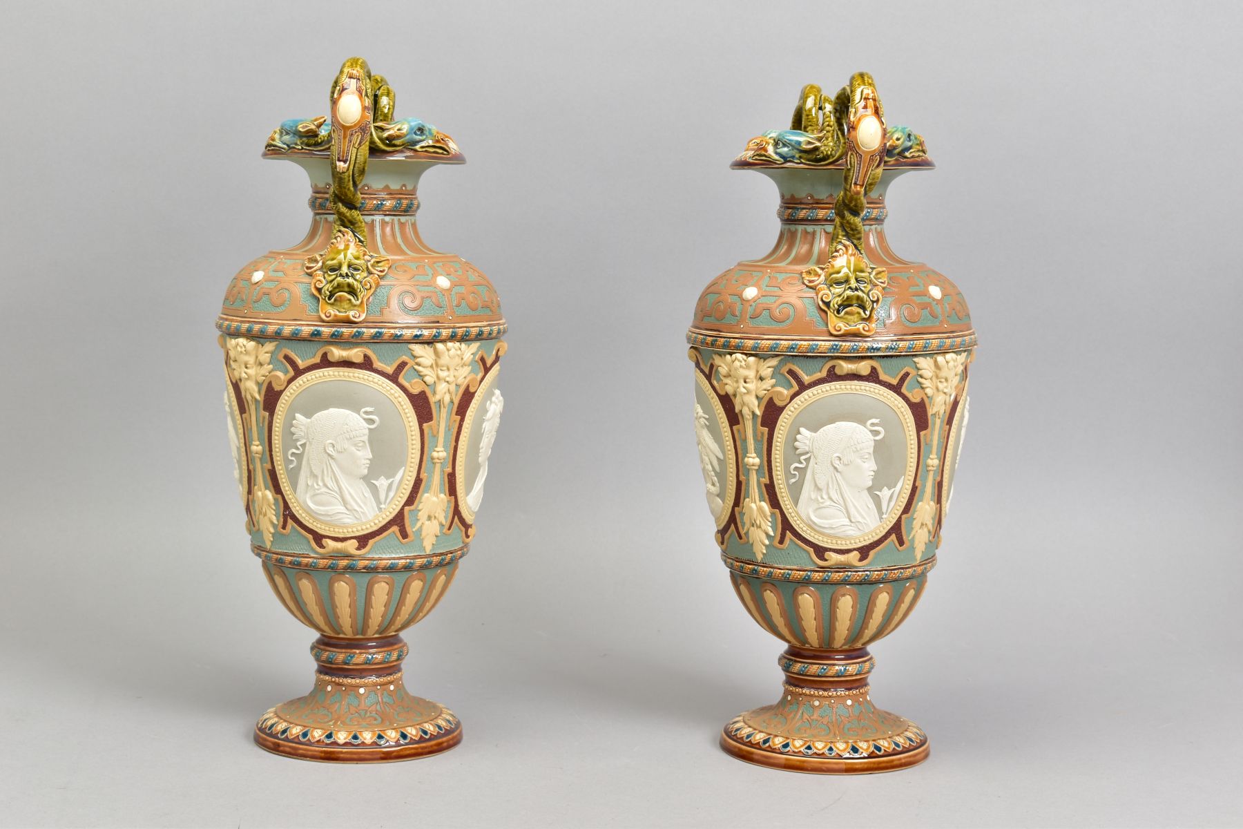 A PAIR OF LATE 19TH CENTURY VILLEROY & BOCH METTLACH TWIN HANDLED ...