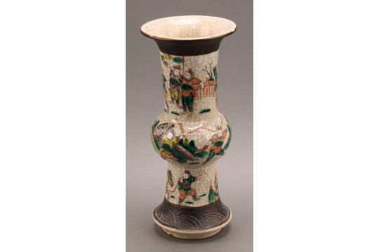 A Chinese gu vase, painted in polychrome enamels with warriors on a crackle-glazed ground, 25.5cm - Image 4 of 11