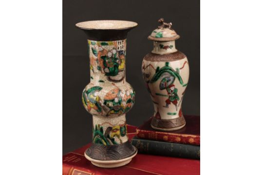 A Chinese gu vase, painted in polychrome enamels with warriors on a crackle-glazed ground, 25.5cm - Image 1 of 11