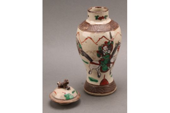 A Chinese gu vase, painted in polychrome enamels with warriors on a crackle-glazed ground, 25.5cm - Image 9 of 11