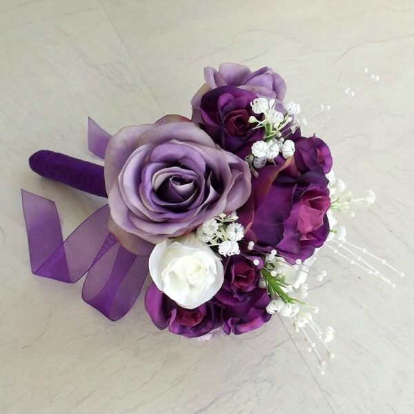 Purple, Lilac, White Silk Rose Bridesmaid Bouquet