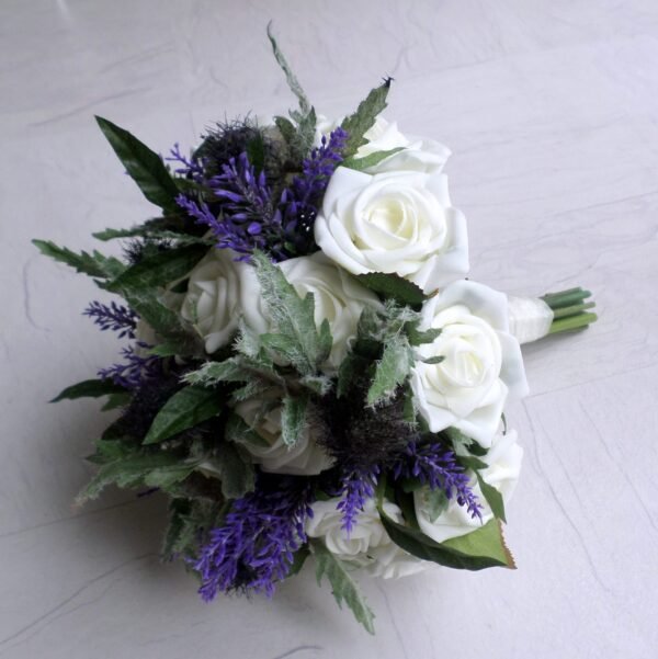 Heather, Thistle & Ivory Rose Bridesmaid Bouquet