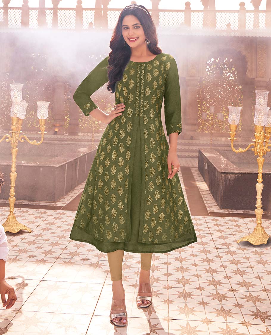 Twara+green+unique+buttas+round-neck+3%2F4th+sleeve+umbrella-style+a-line+knee-length+attached-coat-style+kurti