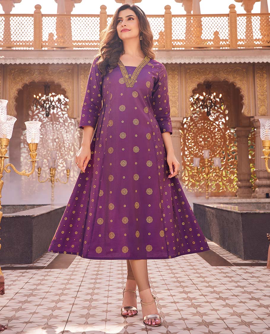 Twara+purple+unique+buttas+V-neck+3%2F4th+sleeve+umbrella-style+a-line+below-knee+kurti