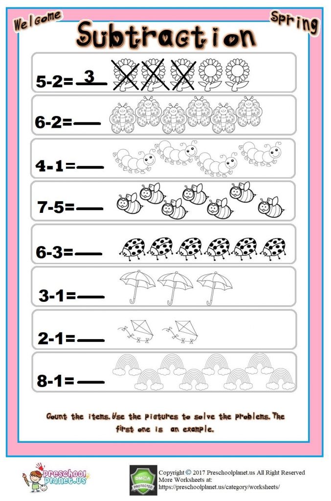 Spring subtraction worksheet – Preschoolplanet