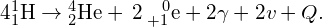 4{}_{1}^{1}\text{H}\to {}_{2}^{4}\text{H}\text{e}+\phantom{\rule{0.2em}{0ex}}2\phantom{\rule{0.2em}{0ex}}{}_{\text{+}1}^{\phantom{\rule{0.7em}{0ex}}0}\text{e}+2\gamma +2v\phantom{\rule{0.2em}{0ex}}\text{+}\phantom{\rule{0.2em}{0ex}}Q.