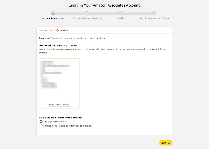 Amazon Associates Account information page