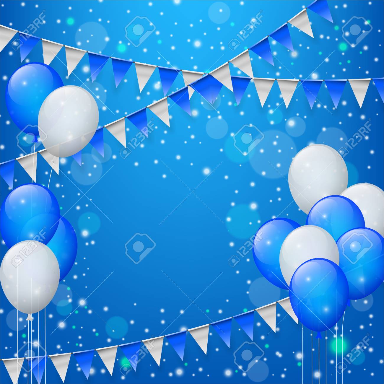 Happy Birthday With Balloons And Triangular Flags In Blue ...