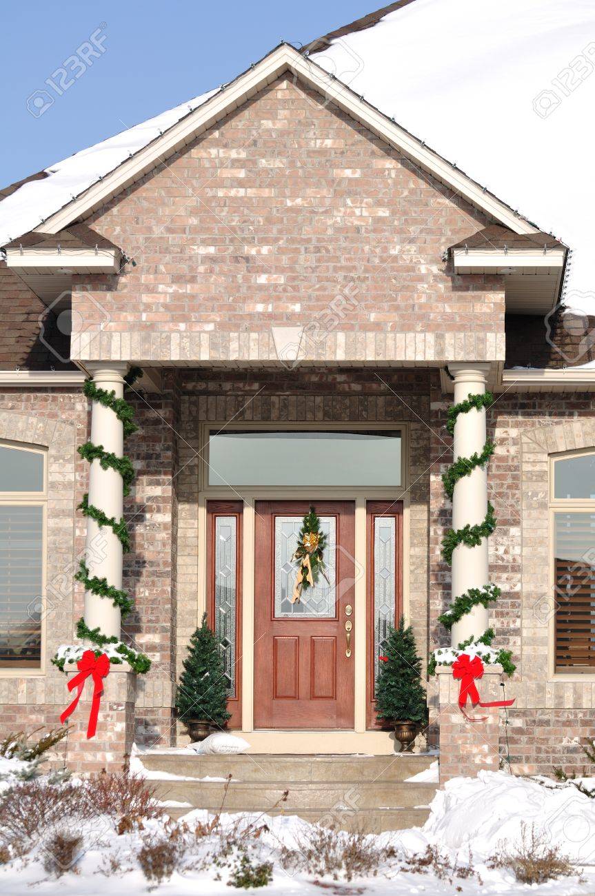 Front Entrance Of Home With Christmas Decorations Stock Photo ...