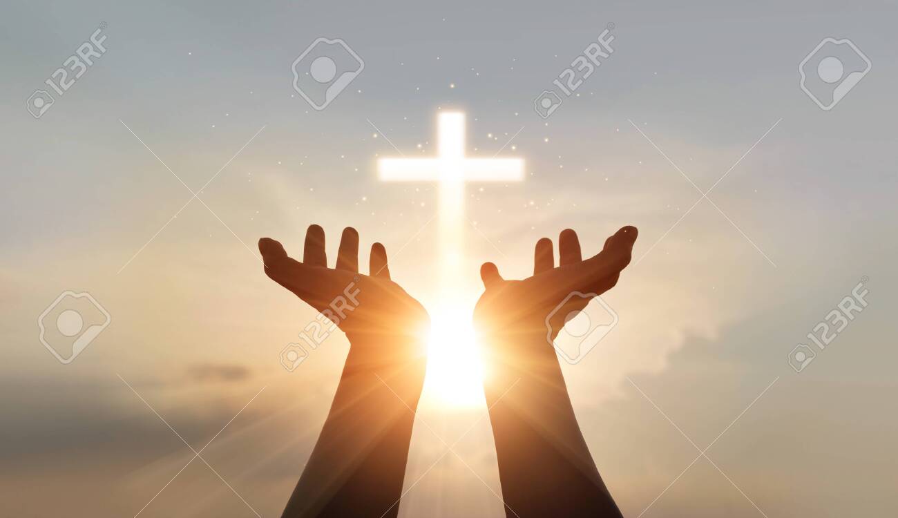 Man Hands Palm Up Praying And Worship Of Cross, Eucharist Therapy Bless God  Helping, Hope And Faith, Christian Religion Concept On Sunset Background.  Stock Photo, Picture And Royalty Free Image. Image 132530395.