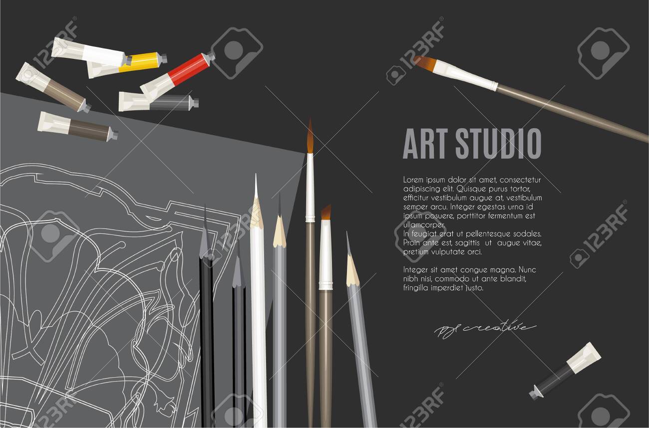 Web Banner Design Template For Creative Art Studio With Painter And Graphic  Materials On Dark Background. Royalty Free SVG, Cliparts, Vectors, And  Stock Illustration. Image 132913180.