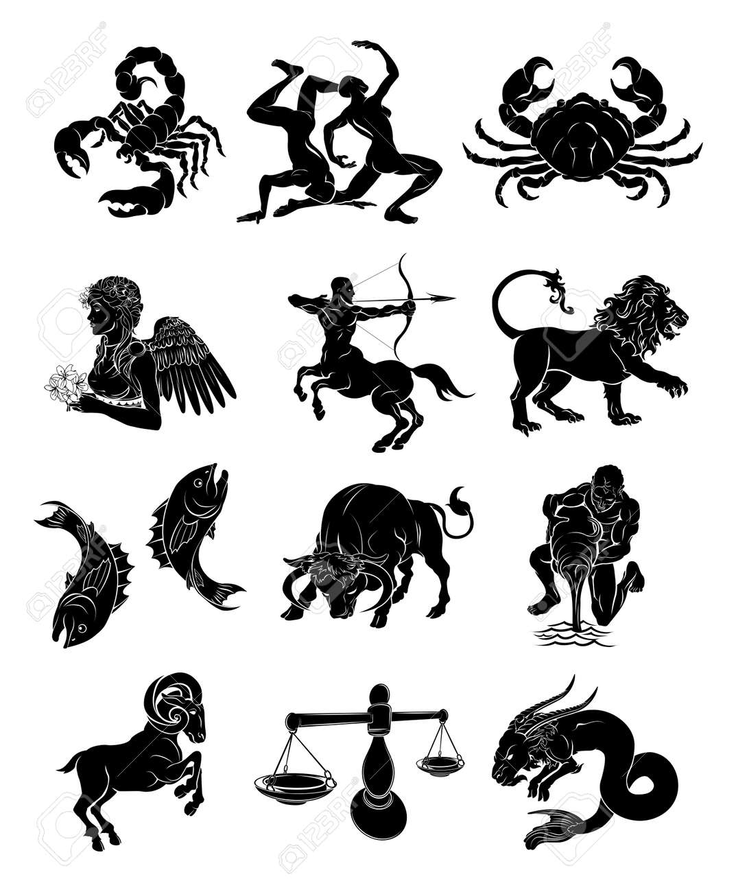 The Twelve Astrology Horoscope Signs Of The Zodiac. Aquarius Gemini Taurus  Aries Scorpio Sagittarius Capricorn Pisces Cancer Leo Virgo And Libra  Royalty Free Svg, Cliparts, Vectors, And Stock Illustration. Image 33565843.