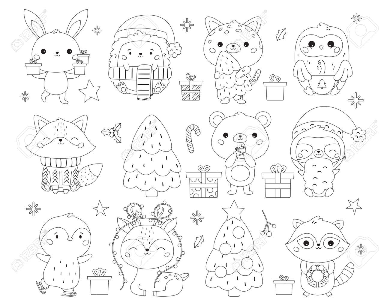 Christmas And New Year Set With Cute Animals, Gifts And Sweets ...