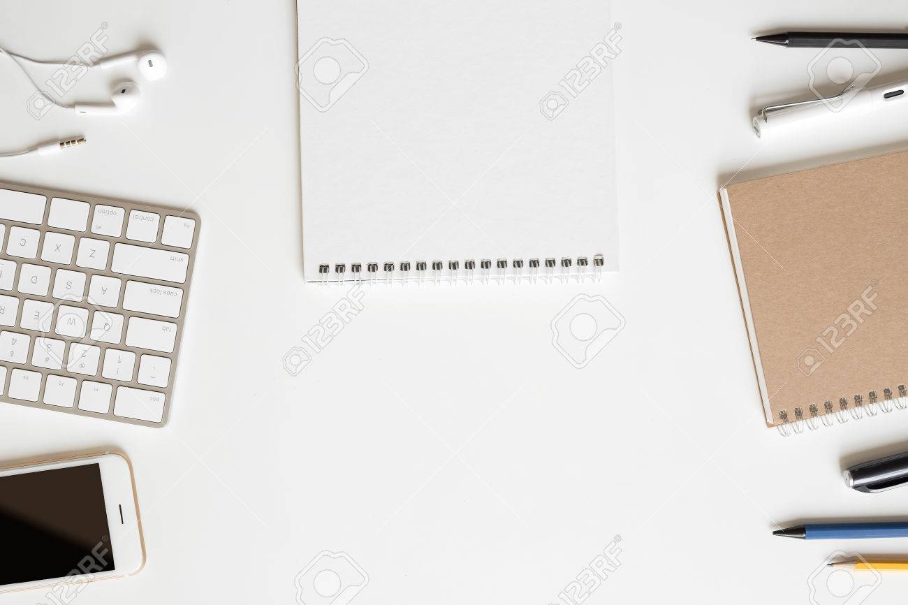 Modern Office Supplies Display On Clear Copy Space Office Table Background,  Top View Stock Photo, Picture And Royalty Free Image. Image 69865029.