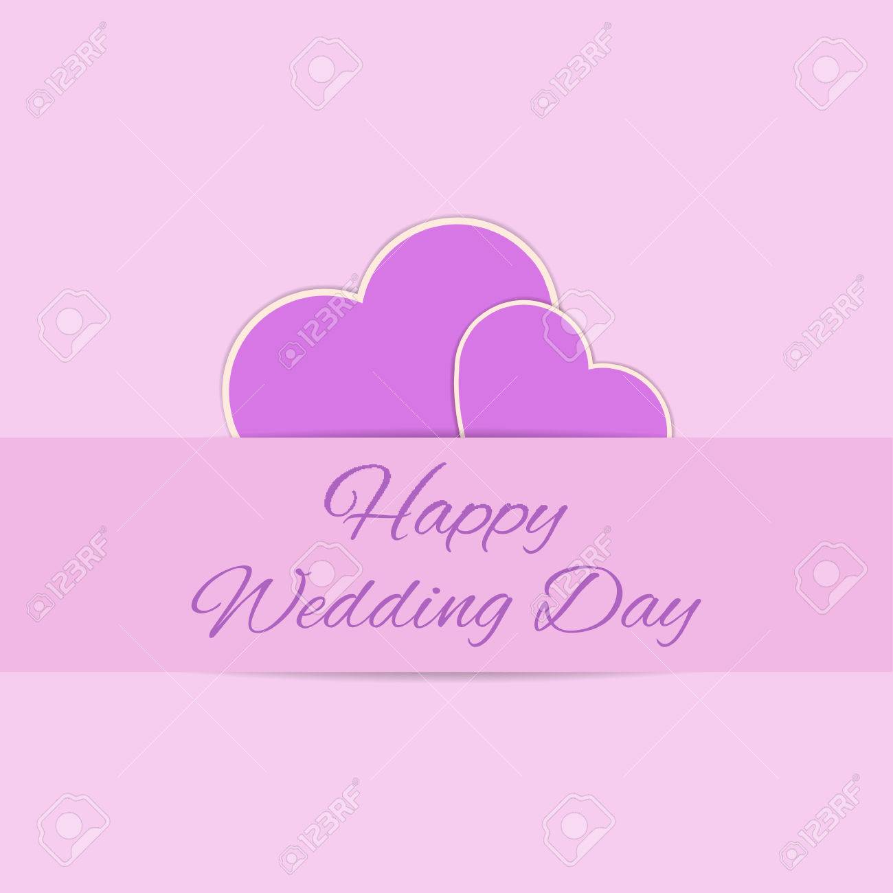 Happy Wedding Day Card In Pink And Purple Colors With Two Hearts ...