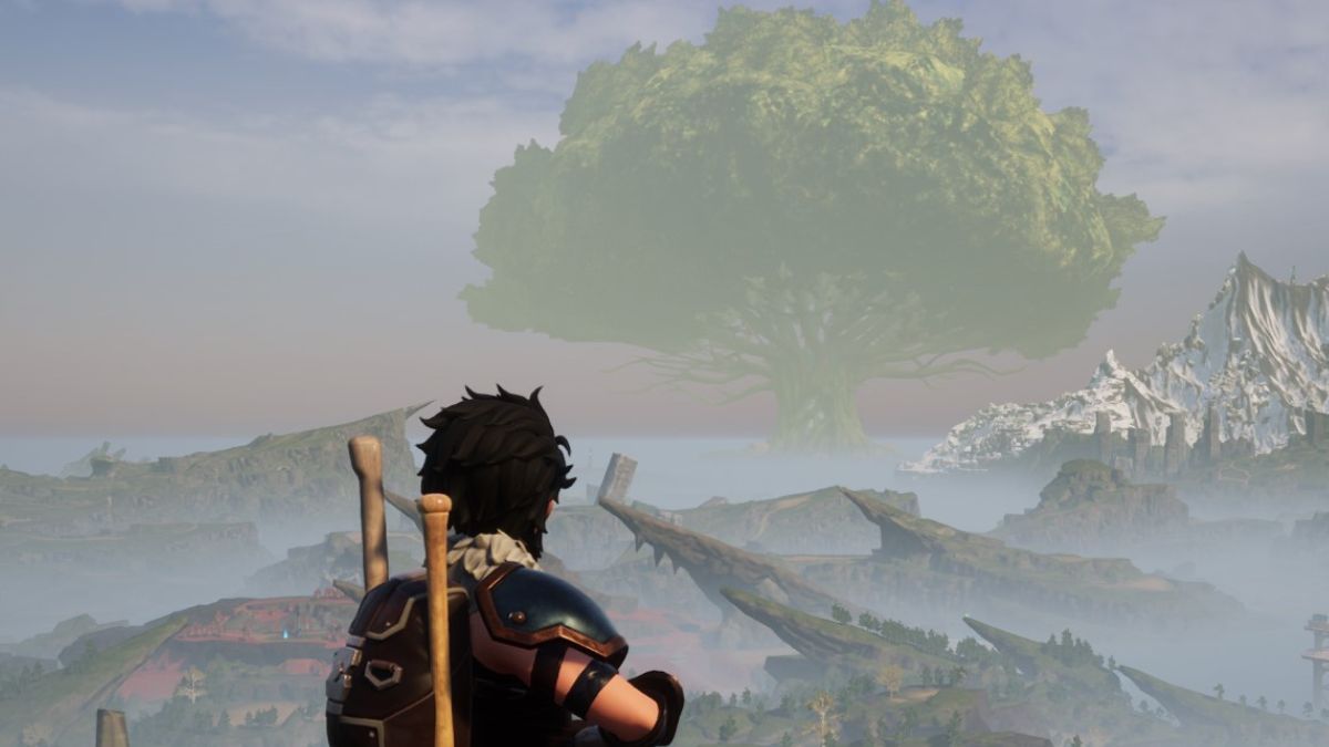 A player looks out over the world from the top of a tower in Palworld.