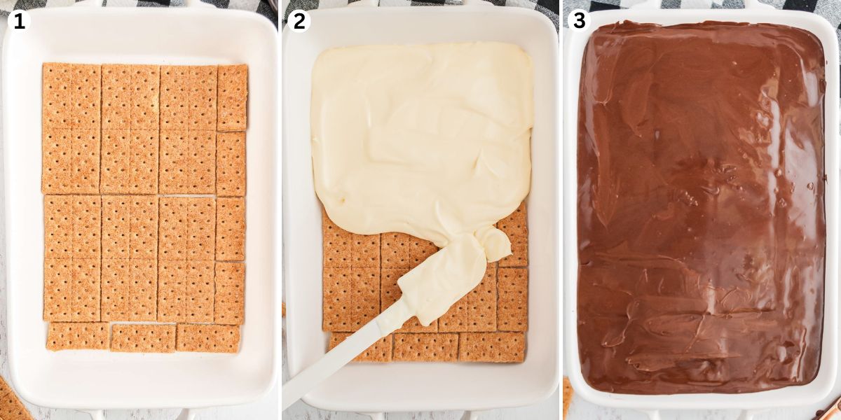 Layer graham crackers along the bottom of the pan and spread the pudding mixture on top. repeat the layer and top with chocolate frosting. 