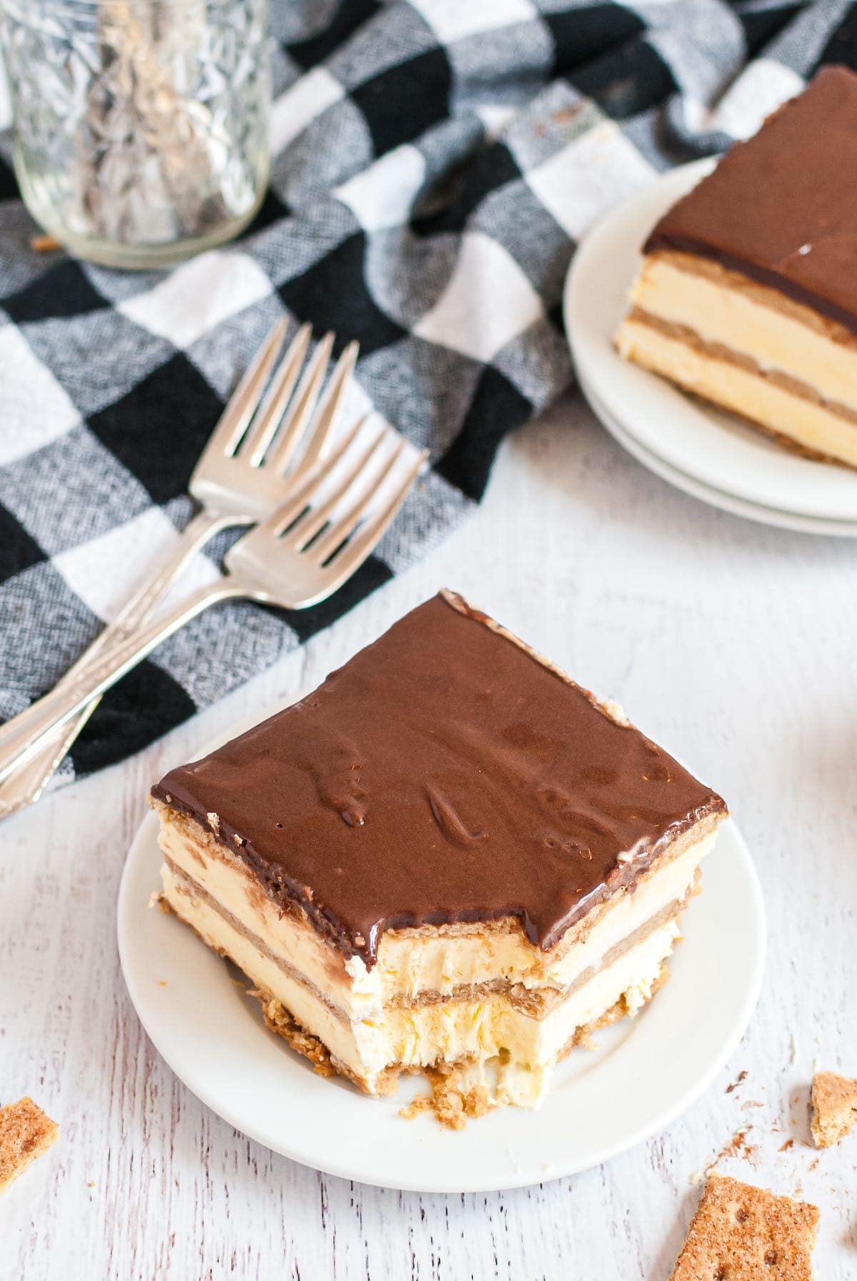 bitten eclair cake on a plate. 