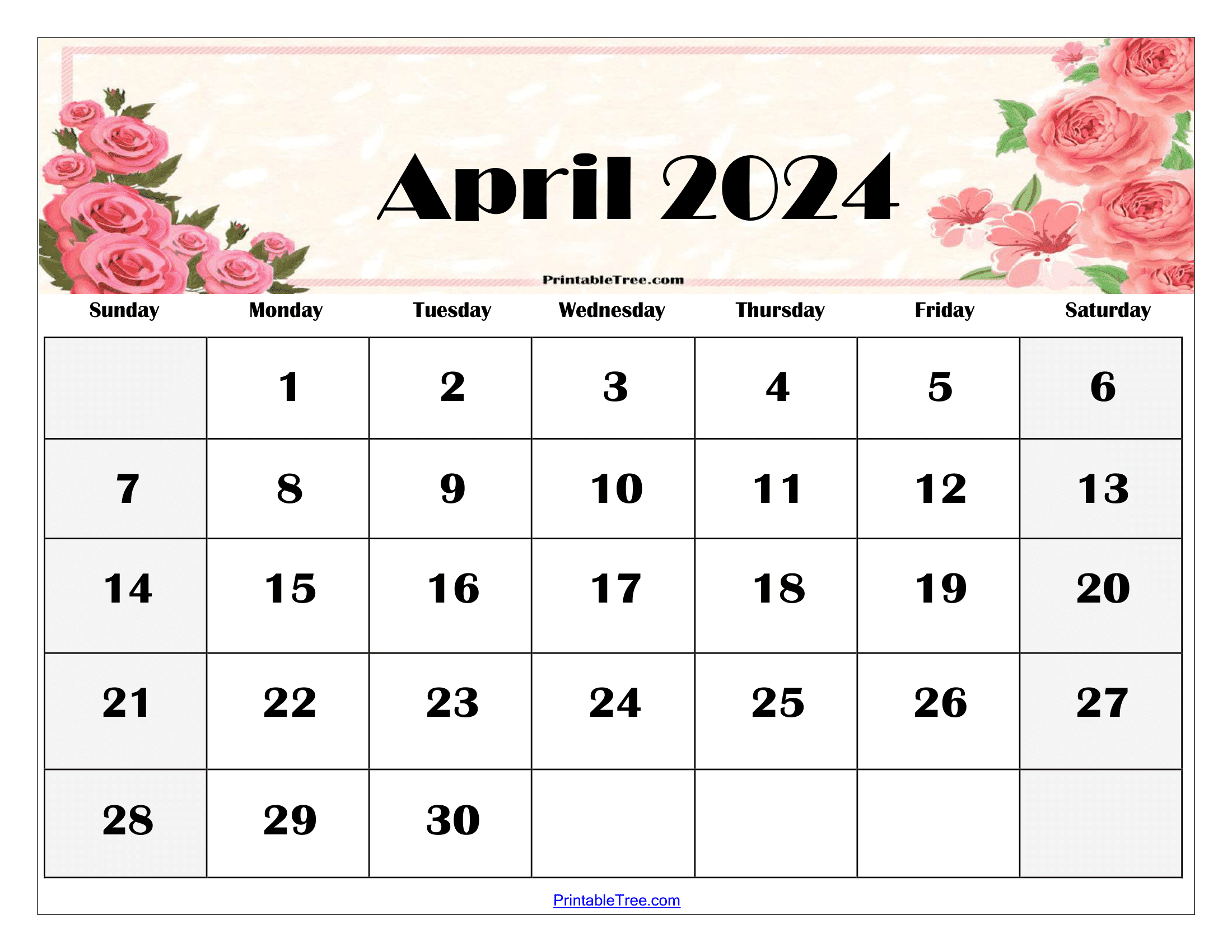 Blank April 2024 Calendar Printable PDF Template With Holidays