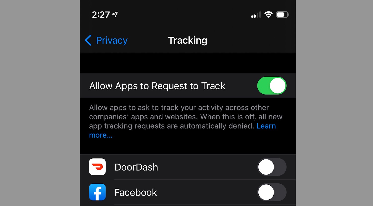 Screenshot of the Settings, Privacy, Tracking page, toggle 'Allow Apps to Request to Track' to ON, text "Allow apps to ask to track your activity across other companies' apps and websites. When this is off, all new app tracking requests are automatically denied. Then Doordash shows switch OFF and Facebook shows switch OFF.