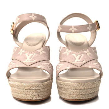 LOUIS VUITTON Calfskin Monogram Embossed Starboard Wedge Sandals 40 Beige