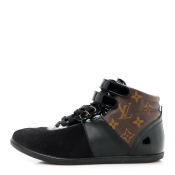 LOUIS VUITTON Suede Patent Monogram Move Up Sneakers 36 Black