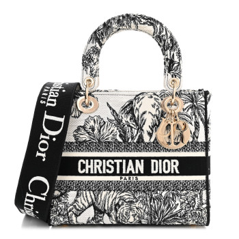 CHRISTIAN DIOR Canvas Embroidered Zodiac Toile De Jouy Medium Lady D-Lite White Black