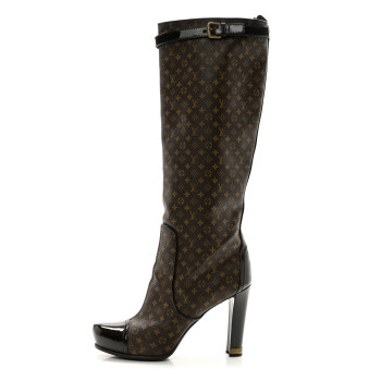 LOUIS VUITTON Patent Monogram Idole Knee High Boots 39 Brown