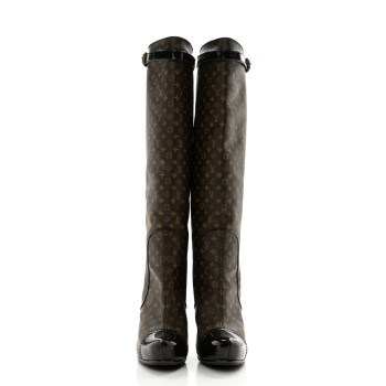 LOUIS VUITTON Patent Monogram Idole Knee High Boots 39 Brown