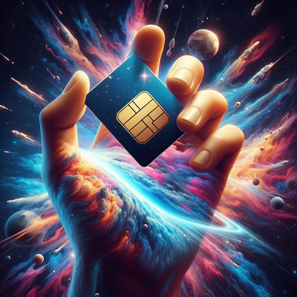 Hands holding an eSIM card