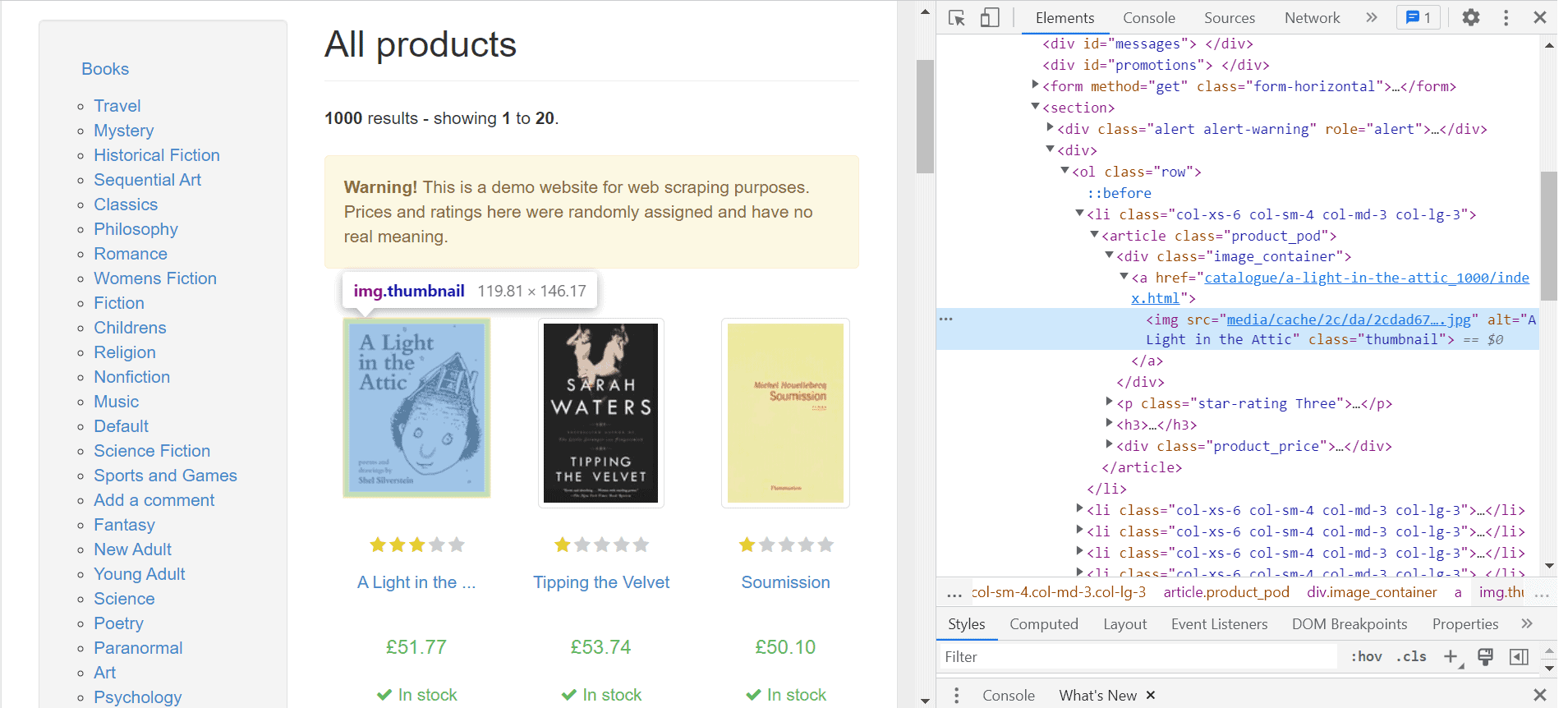 bookstoscrape-inspecting-element
