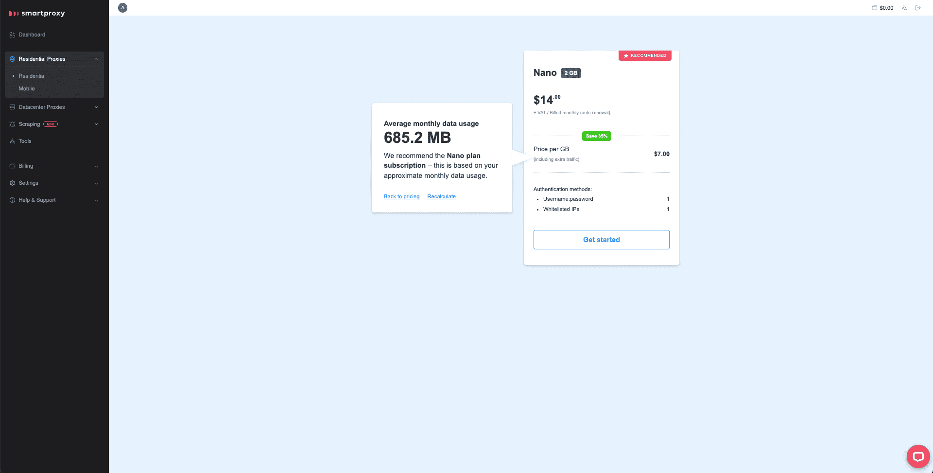 smartproxy dashboard plan recommendation