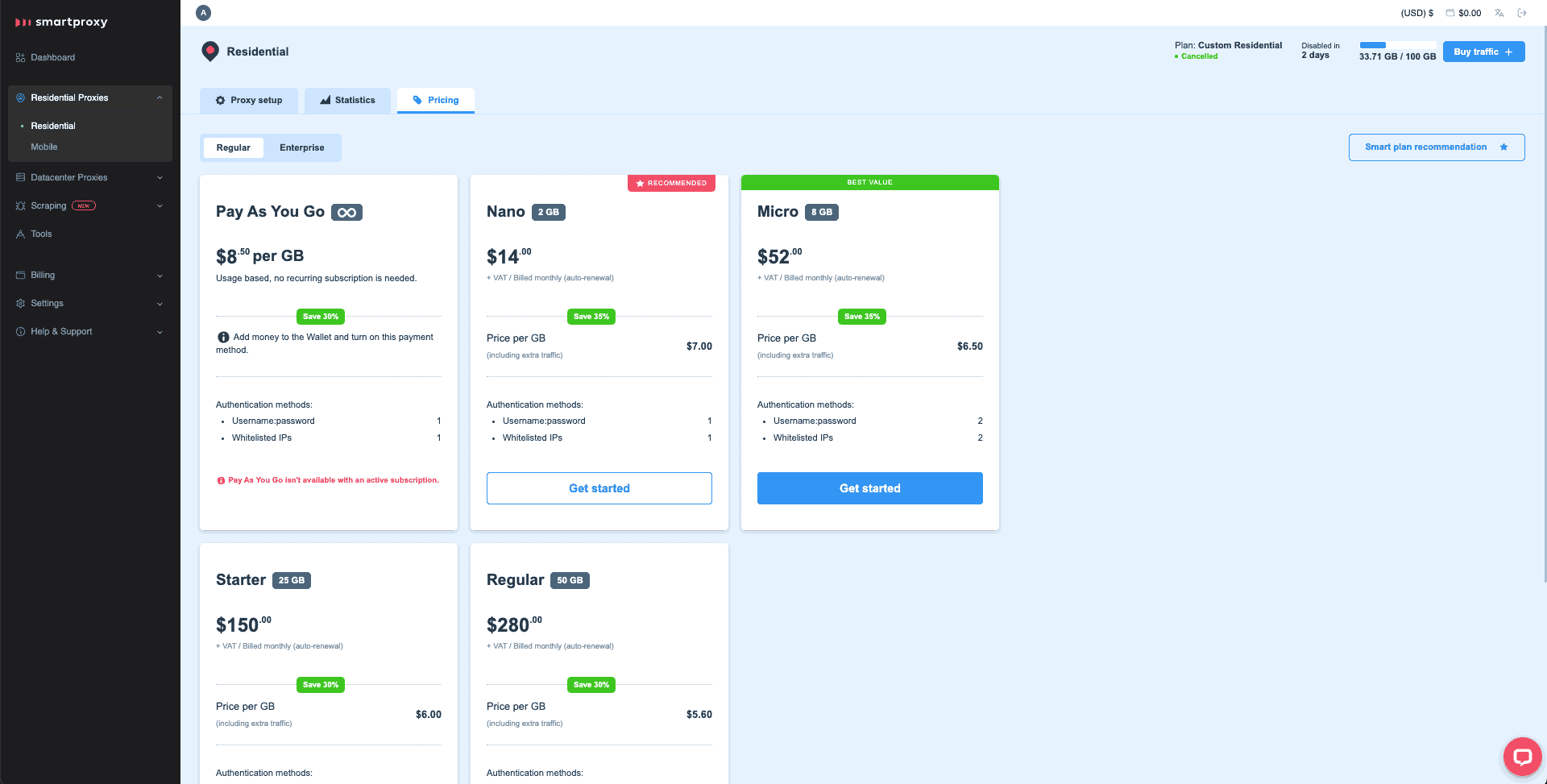 smartproxy dashboard residential plans