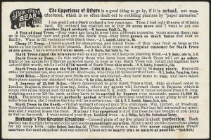 The image depicts an advertisement from a 19th century newspaper that is almost entirely text except for a silhouette of a tiny bear in the top left corner. The bear image is part of a pun that says Stark Trees Bear Fruit. It's an ad for a plant nursery. The purpose of including this image is to demonstrate that advertisements used to be information rich and text heavy with very few graphic elements.