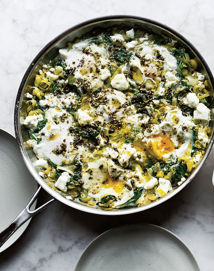 healthy egg breakfasts: yotam ottolenghi braised eggs with leek and za'atar