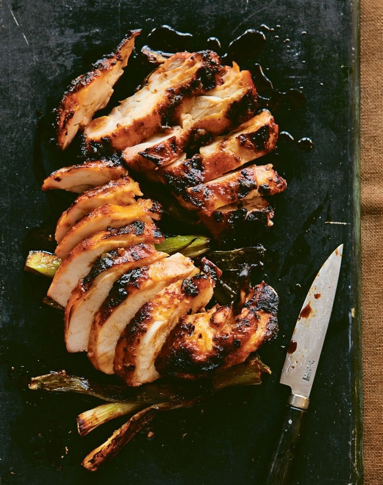 keto dinner recipes: miso honey broiled chicken sliced on a cutting board